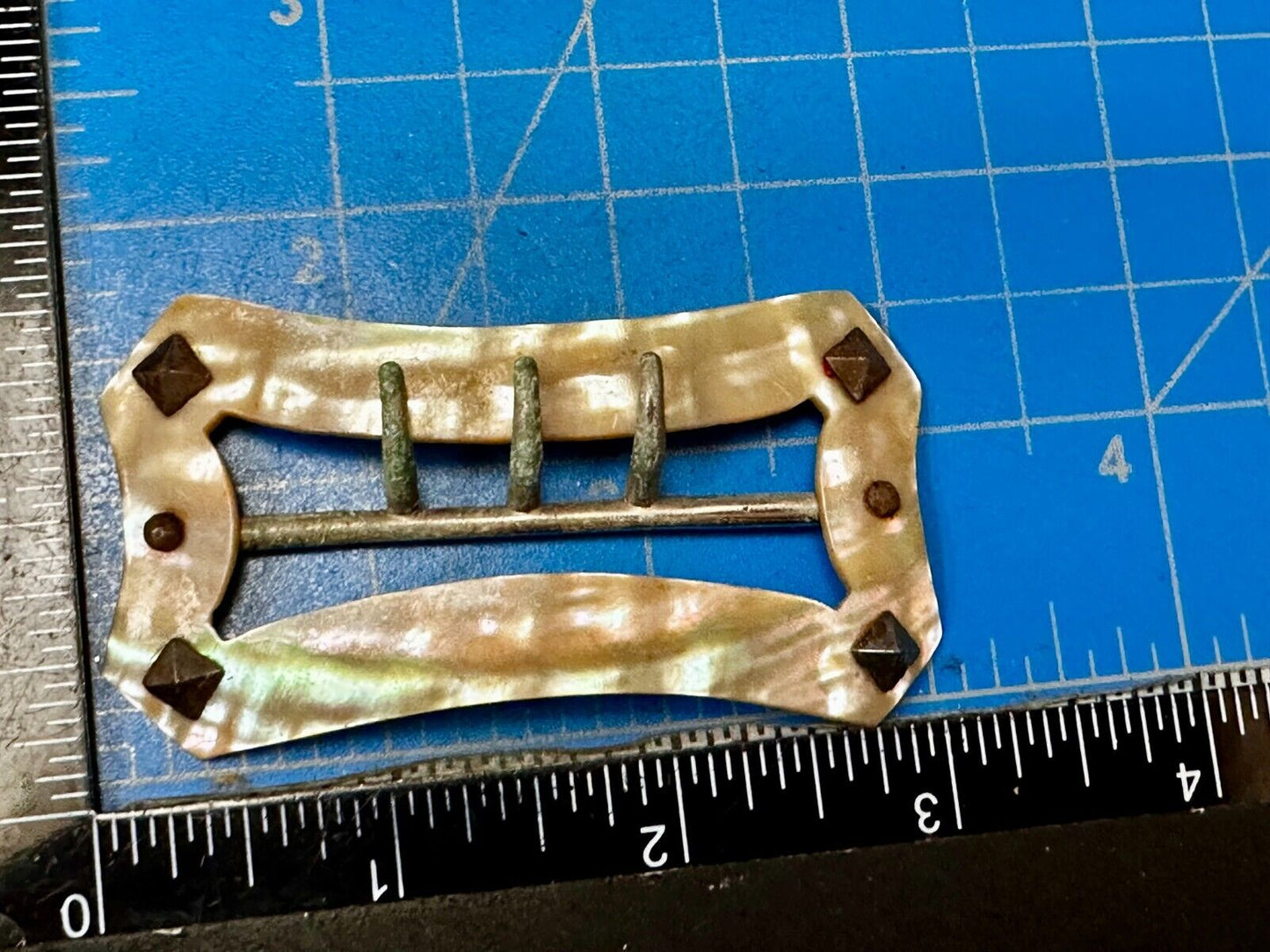 Three Prong Antique Vintage Mop Mother Of Pearl 3" Wide Belt Buckle