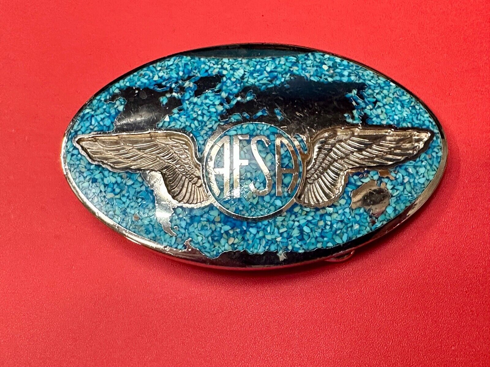 Air Force Sergeants Association AFSA Turquoise Chip inlaid oval belt buckle