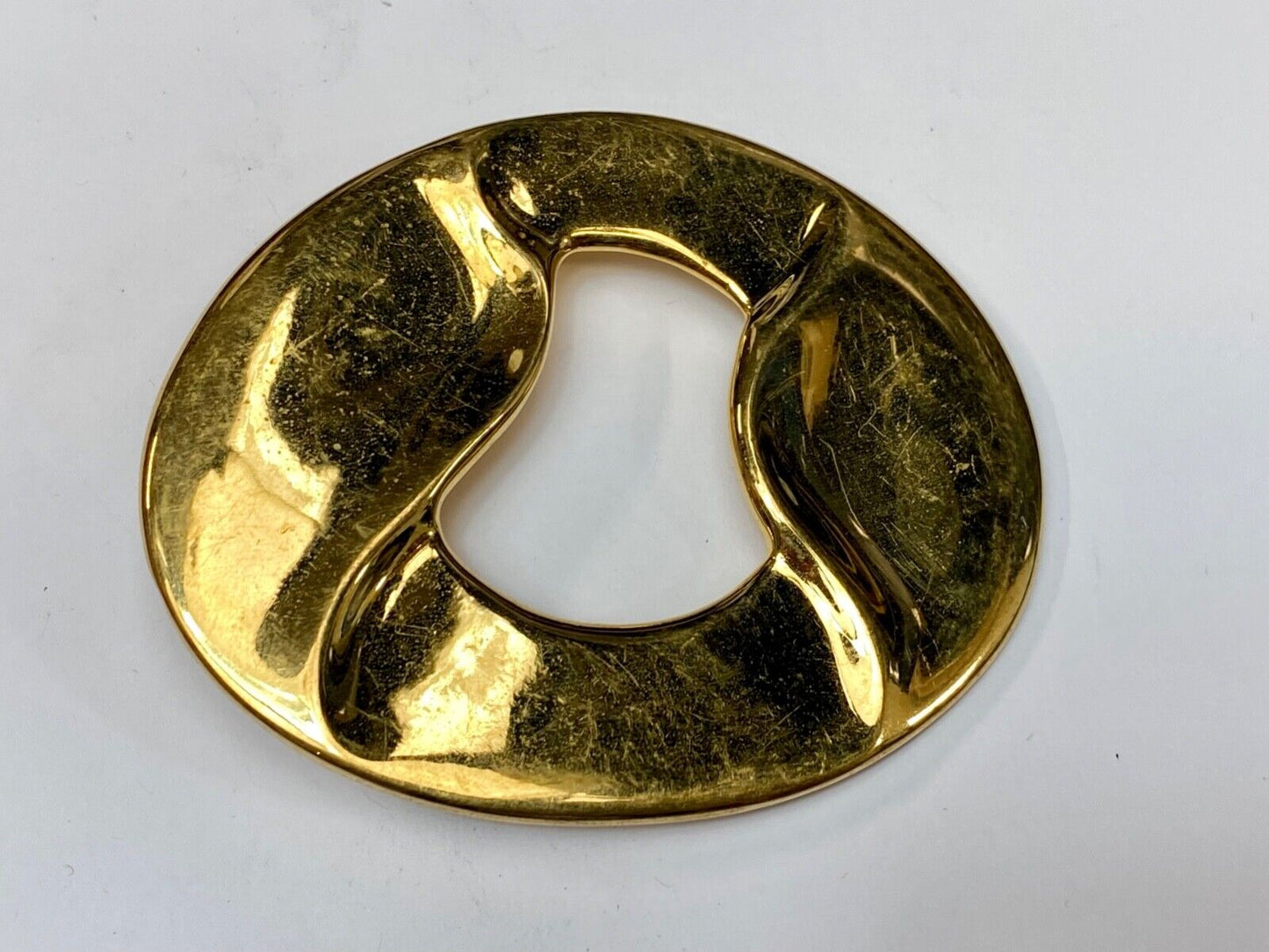 Artist Ginnie Johansen signed gold color abstract oval belt scarf slide