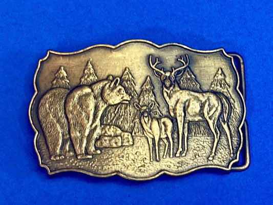 Vintage Deer & Doe With Grizzly Bear In Pine Trees Nature Scene Belt Buckle 