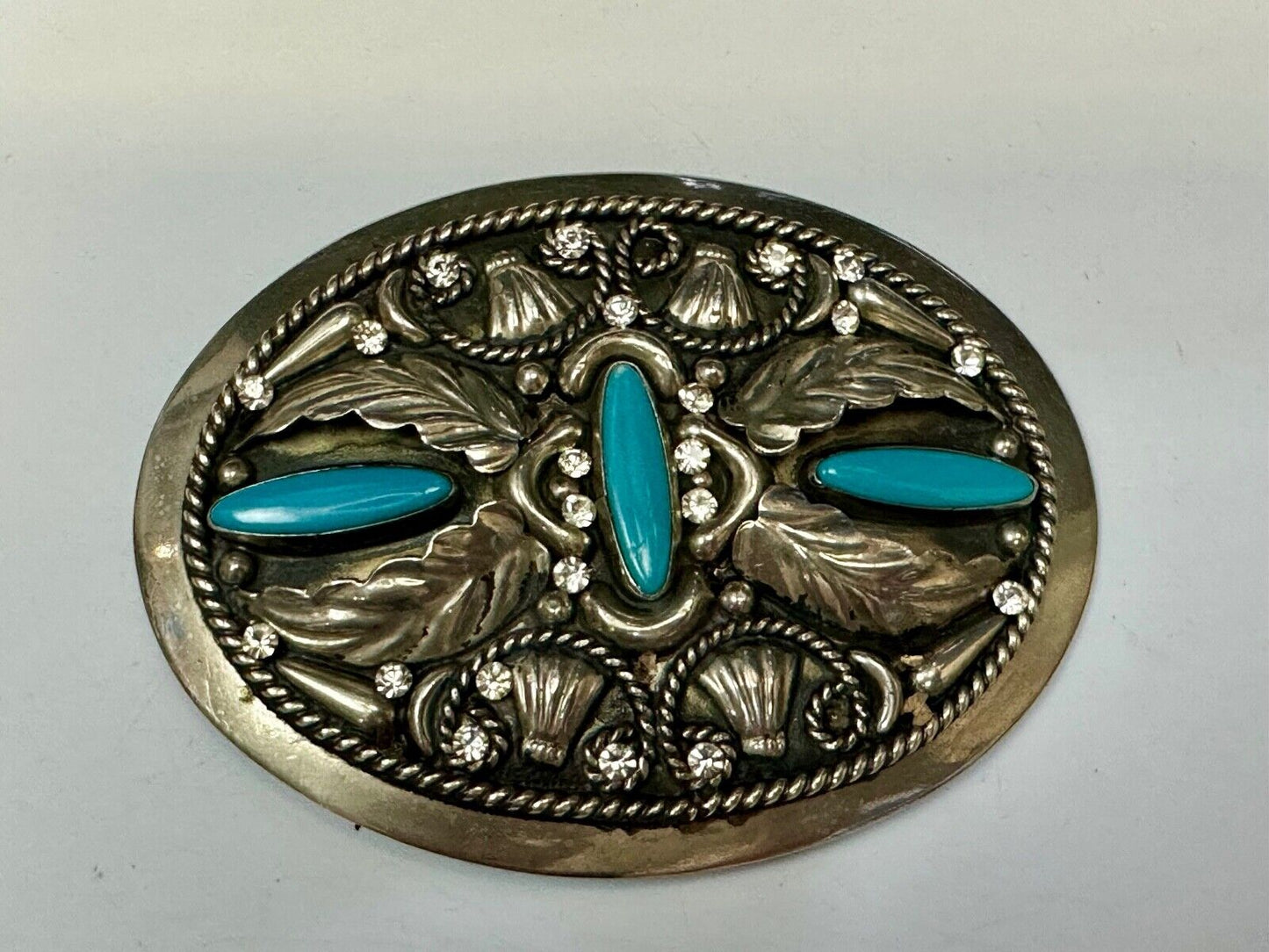 Vintage Faux Turquoise and Feather's Beautiful Alpaca Mexico Stamped Belt Buckle