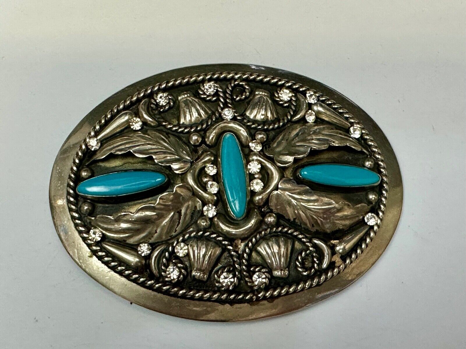 Vintage Faux Turquoise and Feather's Beautiful Alpaca Mexico Stamped Belt Buckle
