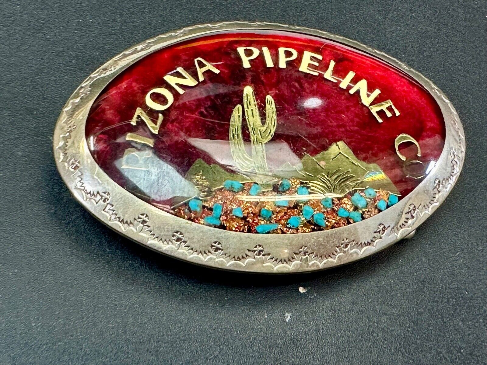 Arizona Pipeline Oil Mine inlaid turquoise Native American hallmark belt buckle