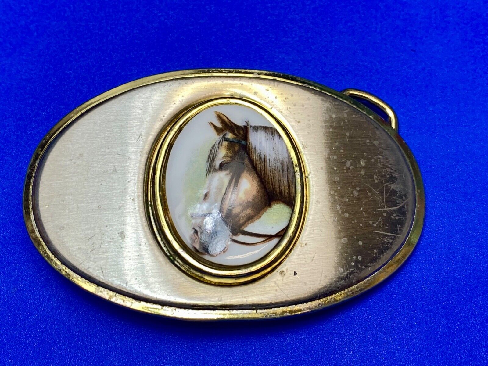 Vintage horse head picture centered in western belt buckle