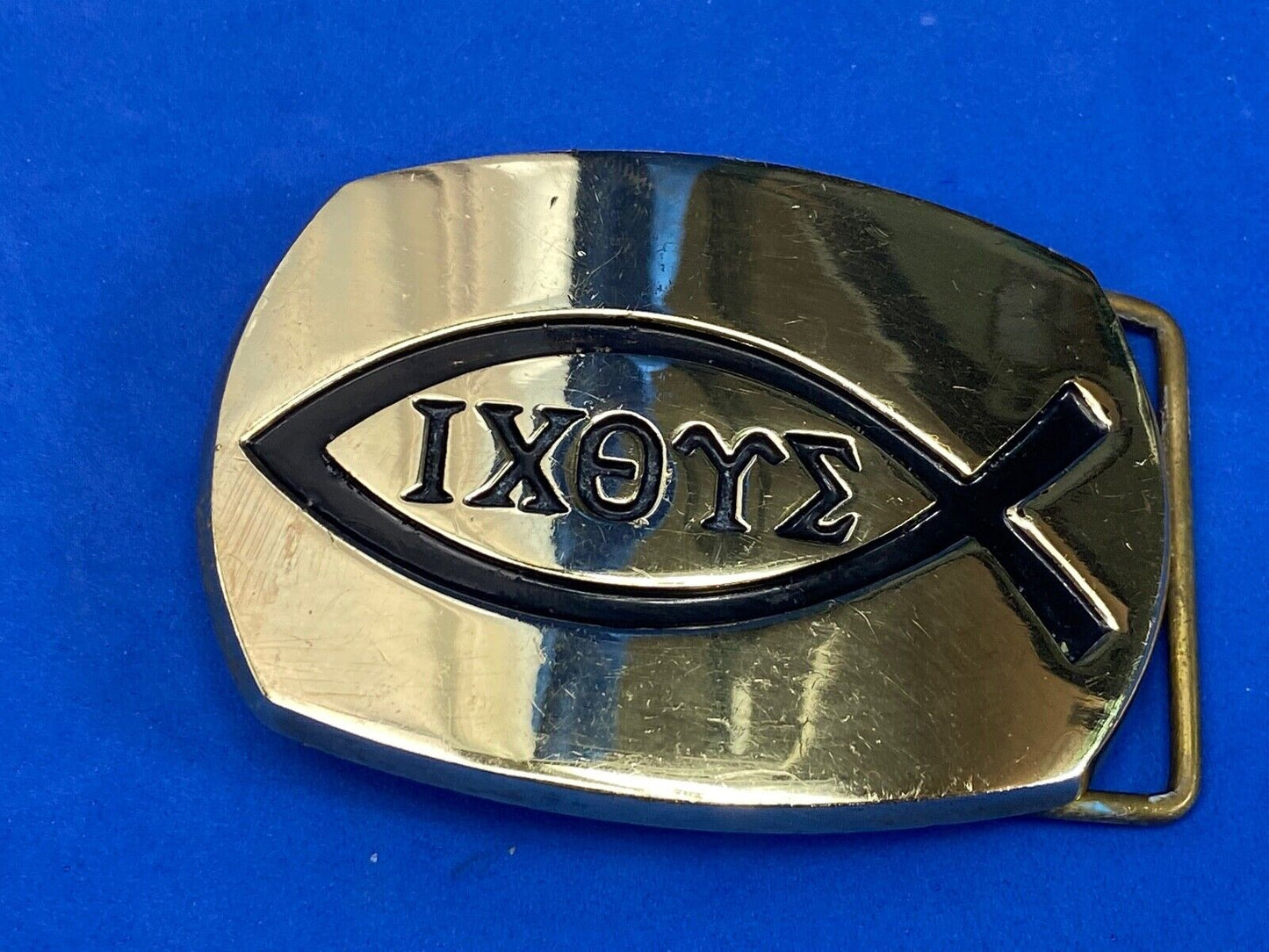 Vintage Ichthus Jesus Fish Ixoye Christian Symbol Icthus Brass Belt Buckle 