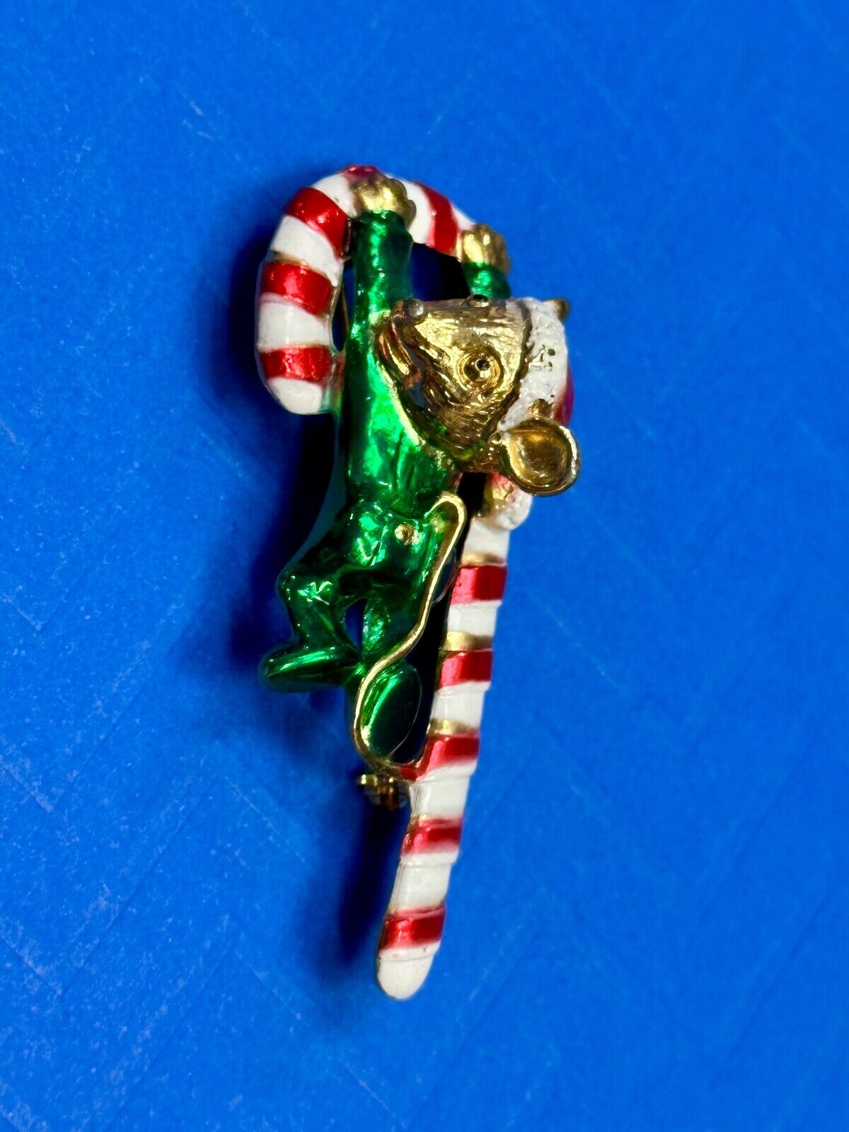 AJC signed MOUSE on Candy Cane Holliday Pin /  Brooch