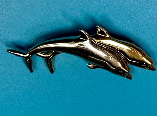 Two Dolphins Silver & Gold Tone Vintage Brooch Pin Signed Liz Claiborne