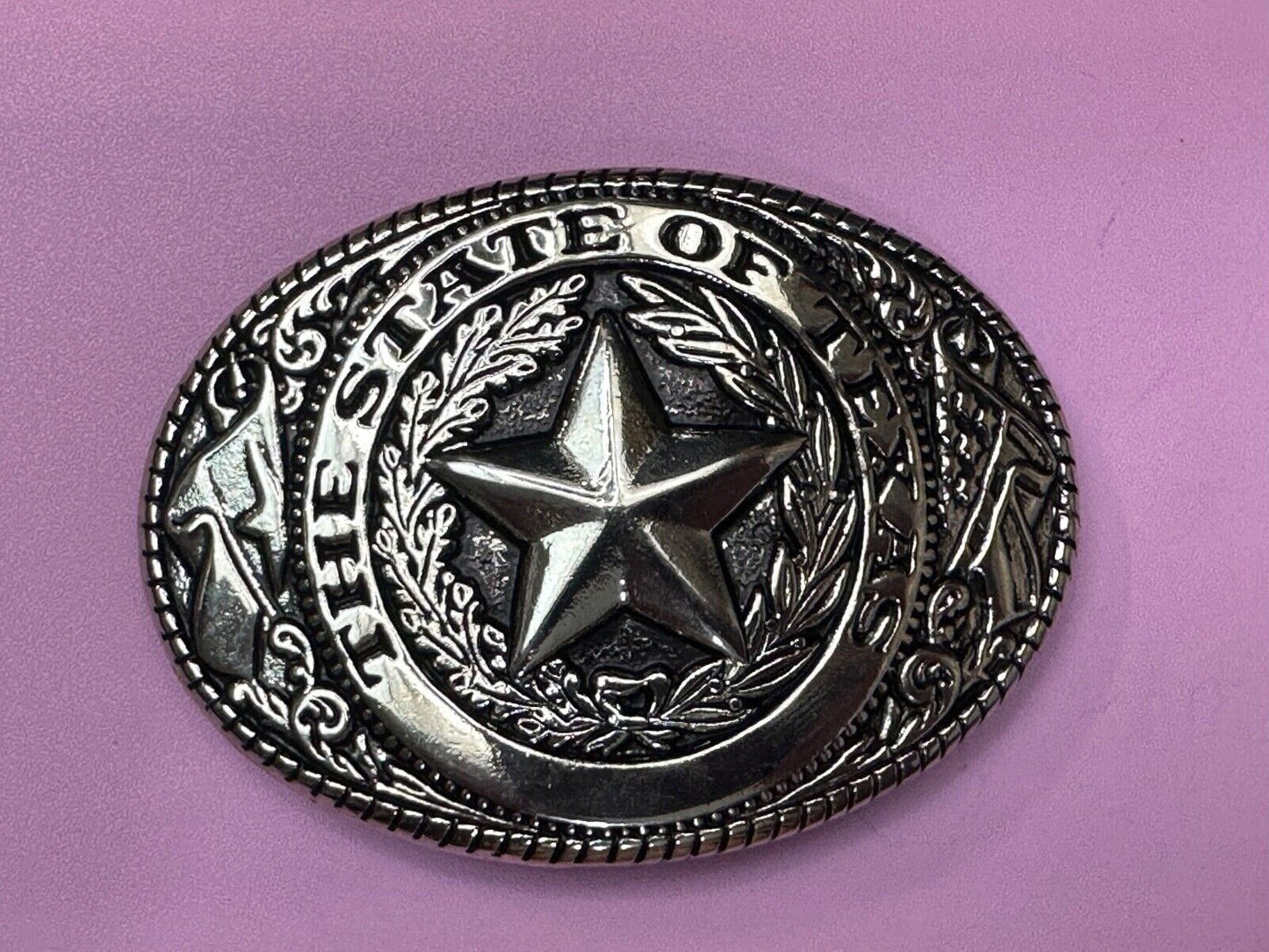The Great State of TEXAS Star Flag Olive Branch Silver color oval Belt Buckle