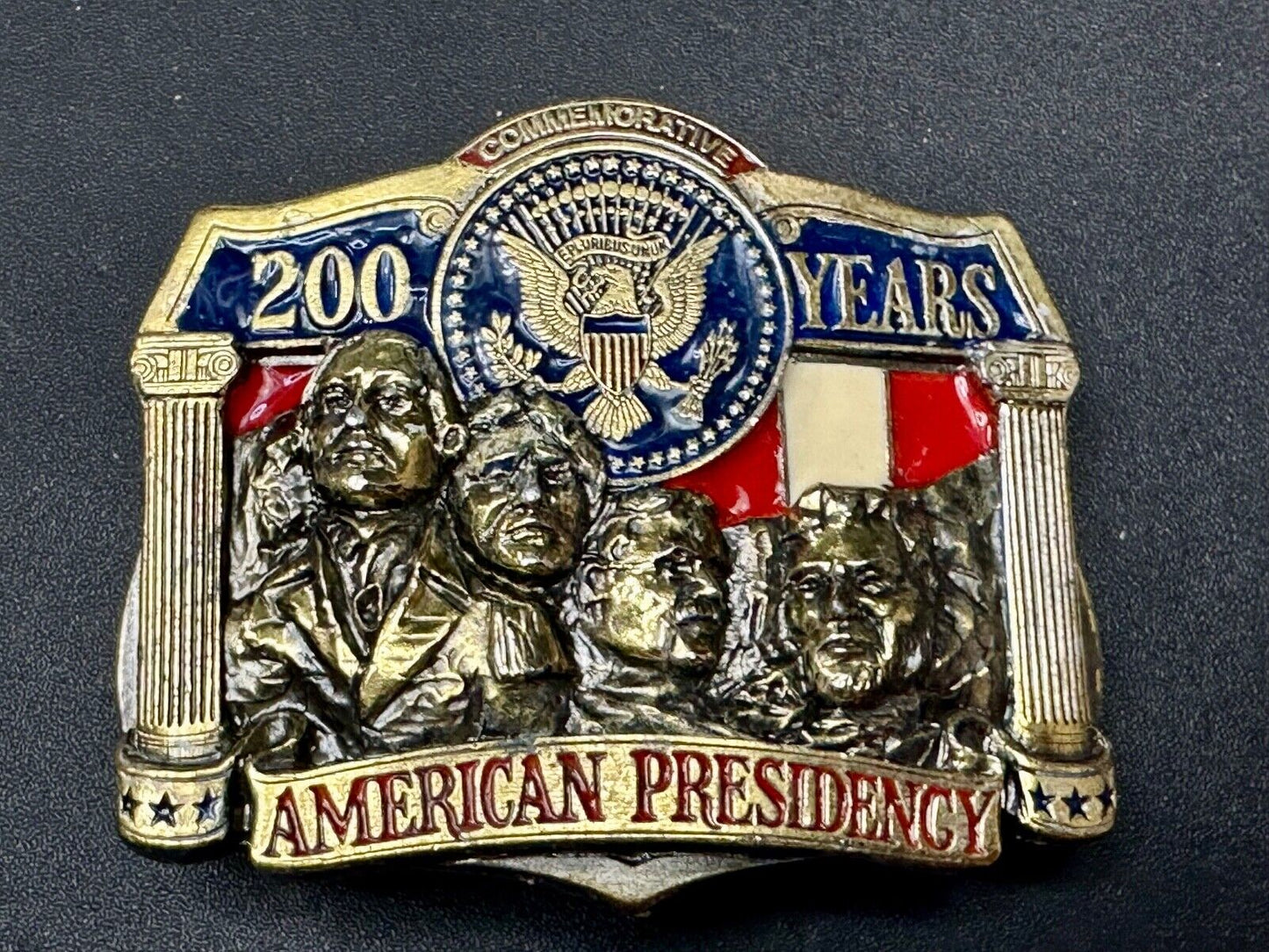 American Presidency Belt Buckle Vintage 200 Years Mount Rushmore Commemorative