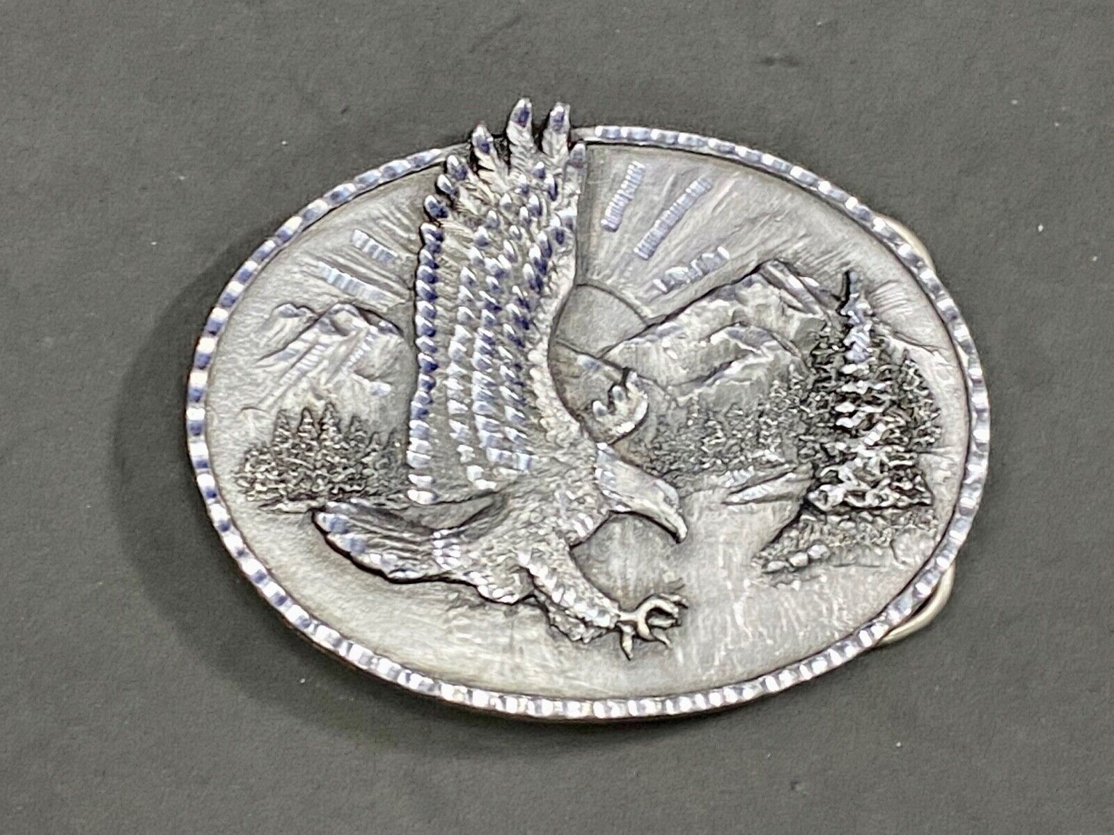 Vintage 1982 Majestic American Eagle Flying Over Mountains Belt Buckle 