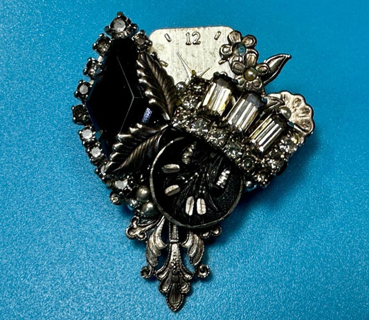 Victorian Style Flower Clocks with Rhinestone Artisan Silver Tone Brooch Pin