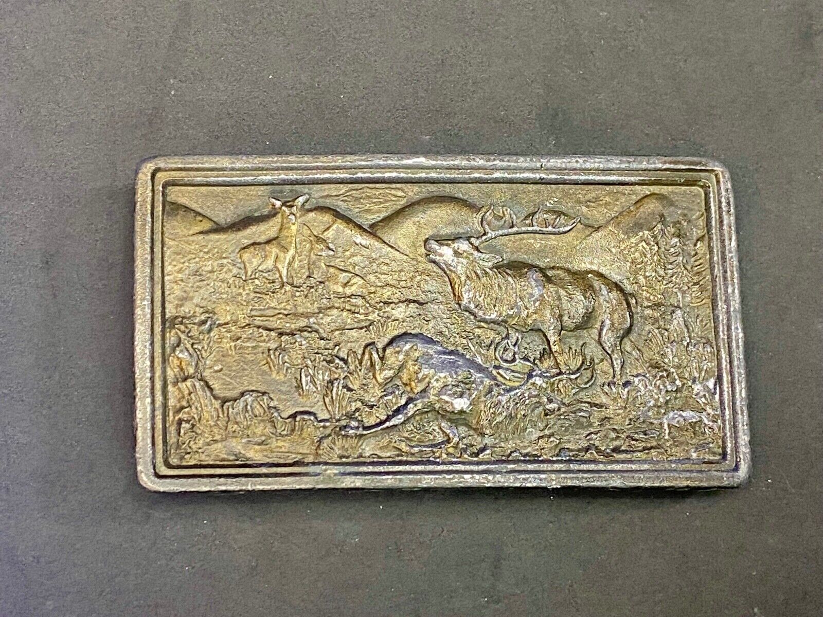 Vintage 1977 Elk Deer Hunting In Nature Belt Buckle By Bergamot Brass Works