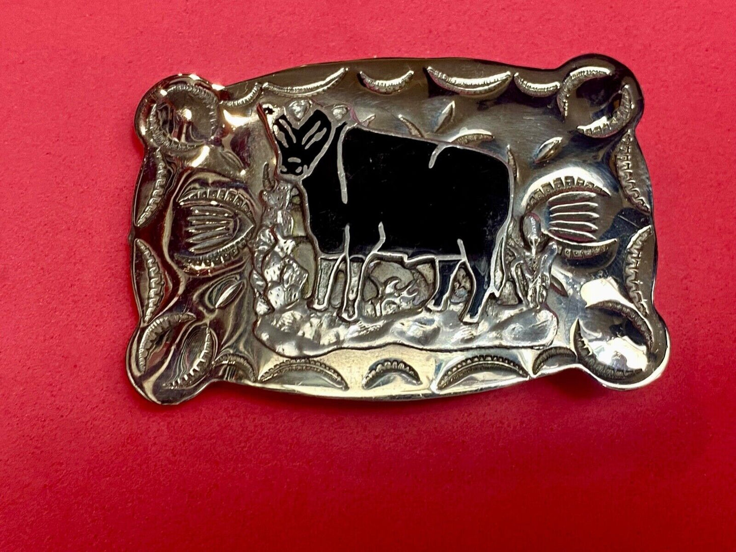 Vintage  COW BULL - Tex - Tan Nickel Silver Western belt buckle