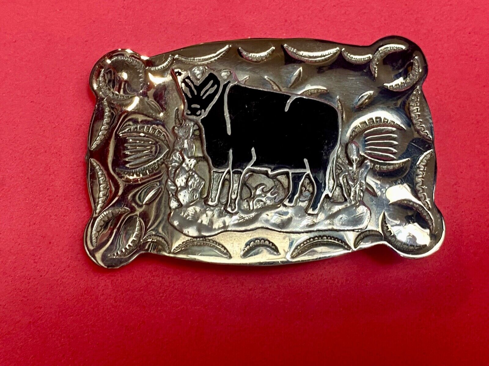Vintage  COW BULL - Tex - Tan Nickel Silver Western belt buckle