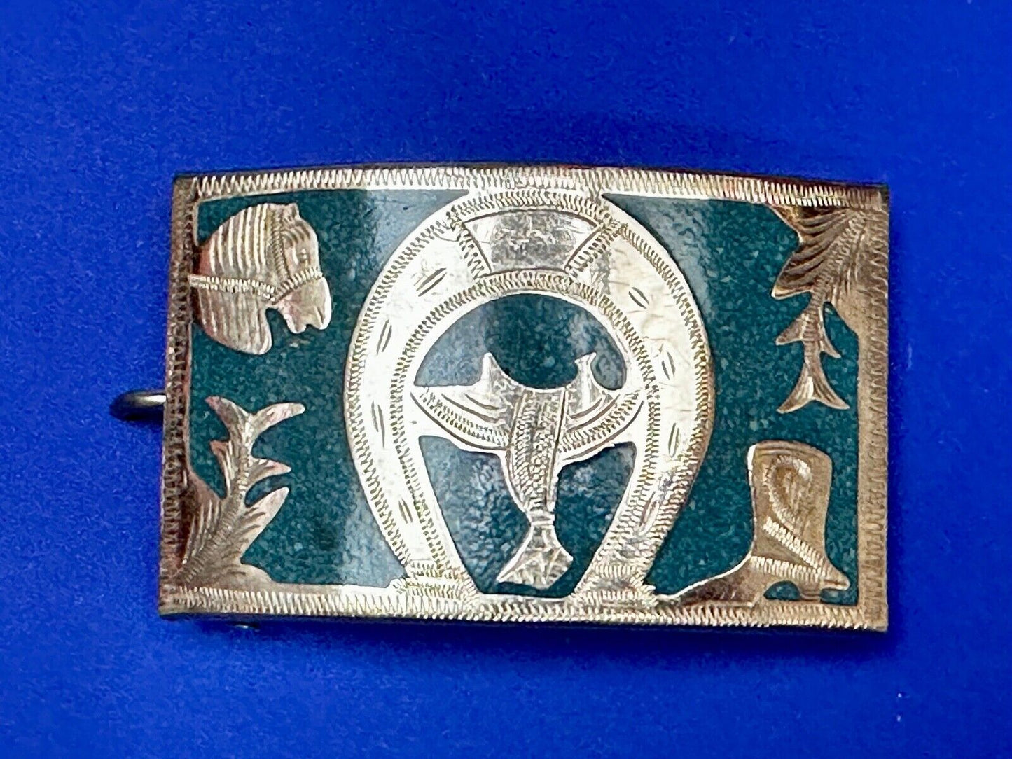 Turquoise Inlaid  Western Horse Cowboy Horseshoe Belt Buckle Stamped Alpaca