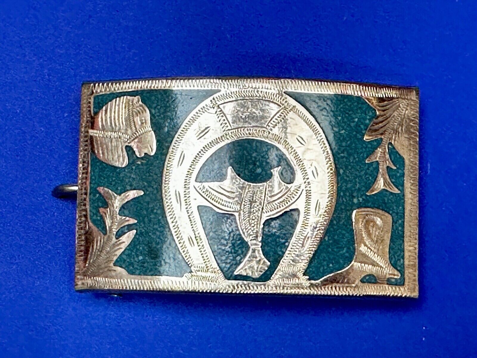 Turquoise Inlaid  Western Horse Cowboy Horseshoe Belt Buckle Stamped Alpaca