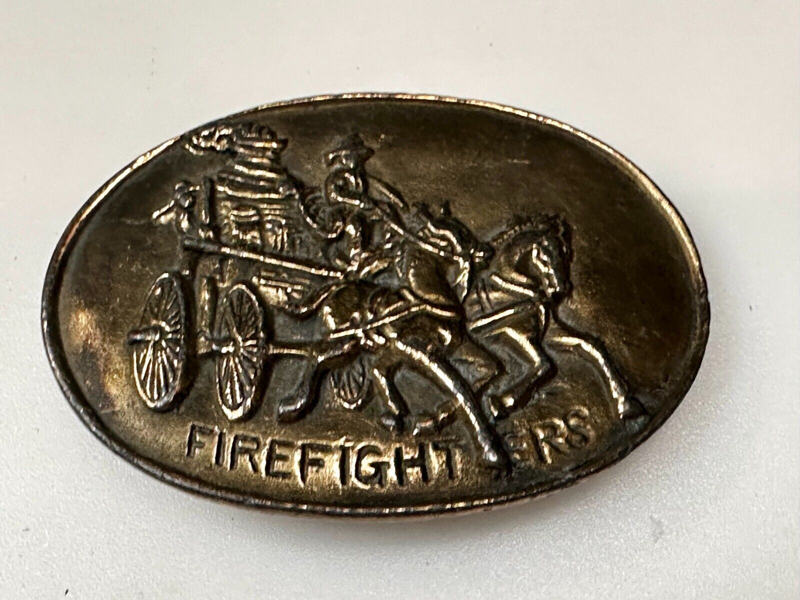 Antique Fire Fighters Fireman Horse Drawn Pumper Wagon Vintage Belt Buckle