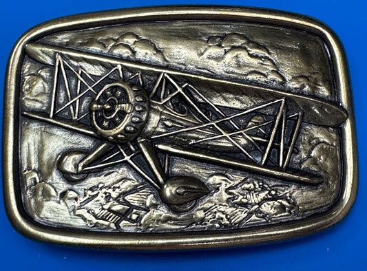 Bi-Plane Pilots Airplane brass tone Belt Buckle by Avon