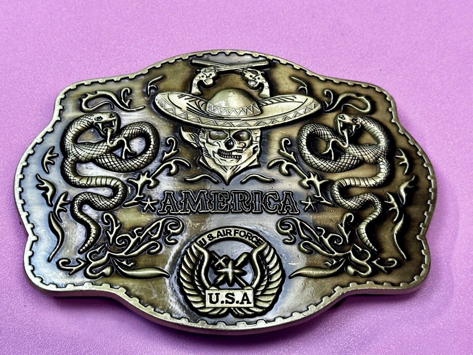 Air Force - America Skull in Cowboy Hat, Crossed Guns, Snakes, Eagle Belt Buckle