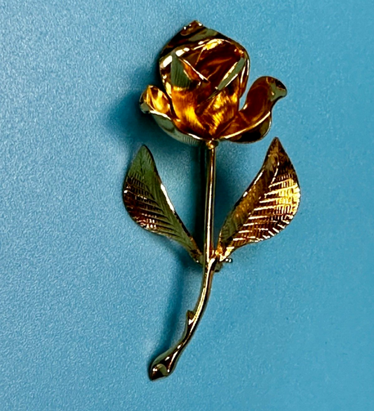 Beautiful Long Stem Rose Flower Gold Tone Vintage Brooch Pin Signed by Cerrito
