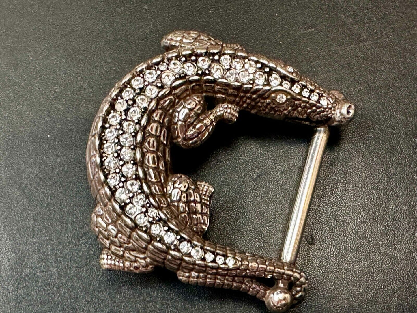 Alligator Crocodile with Rhinestone Figural Cutout Silver Tone Cord Belt Buckle