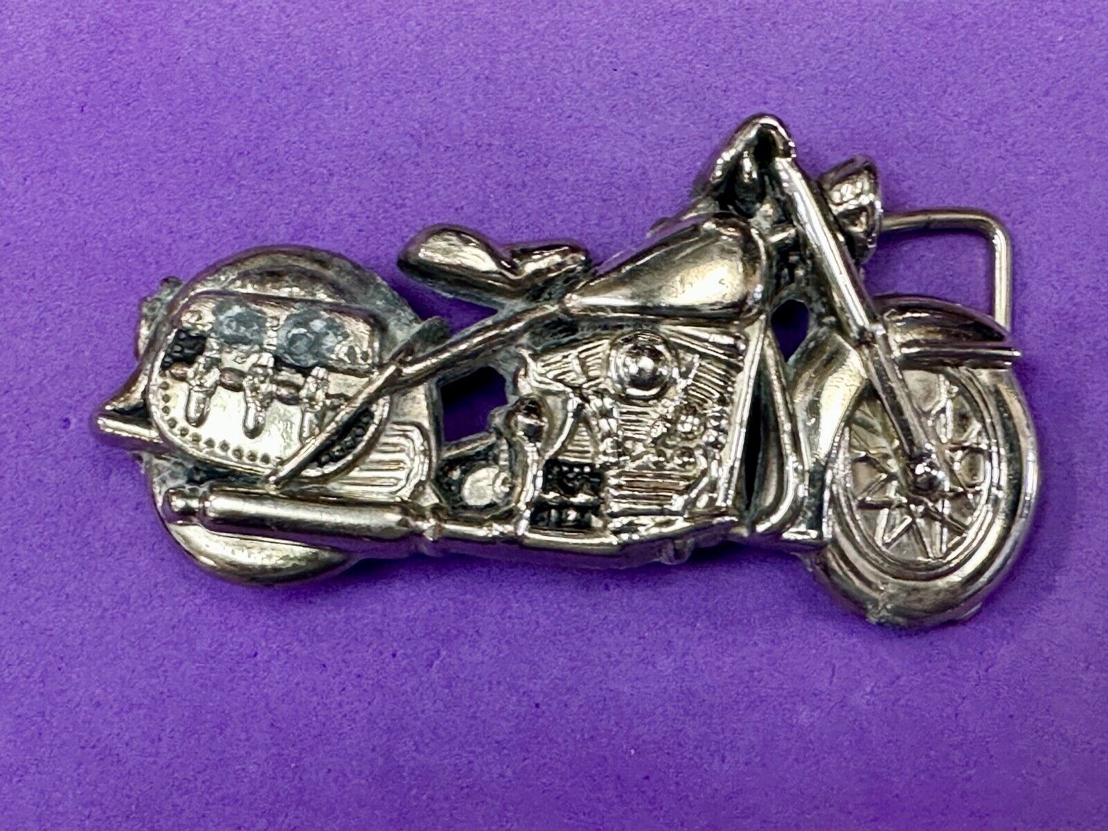 4" wide Figural Motorcycle W/ Saddle bag Silver color bikers belt buckle