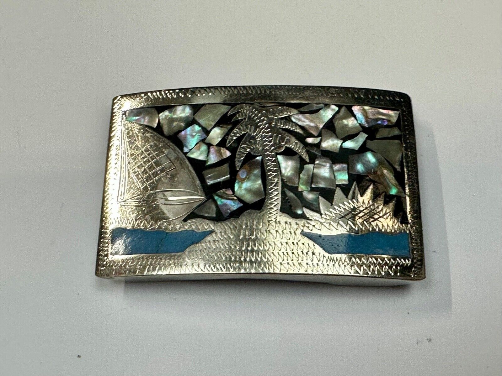 Beach Scene with Palm Tree - Inlaid Turquoise, Abalone Shell Vintage belt buckle