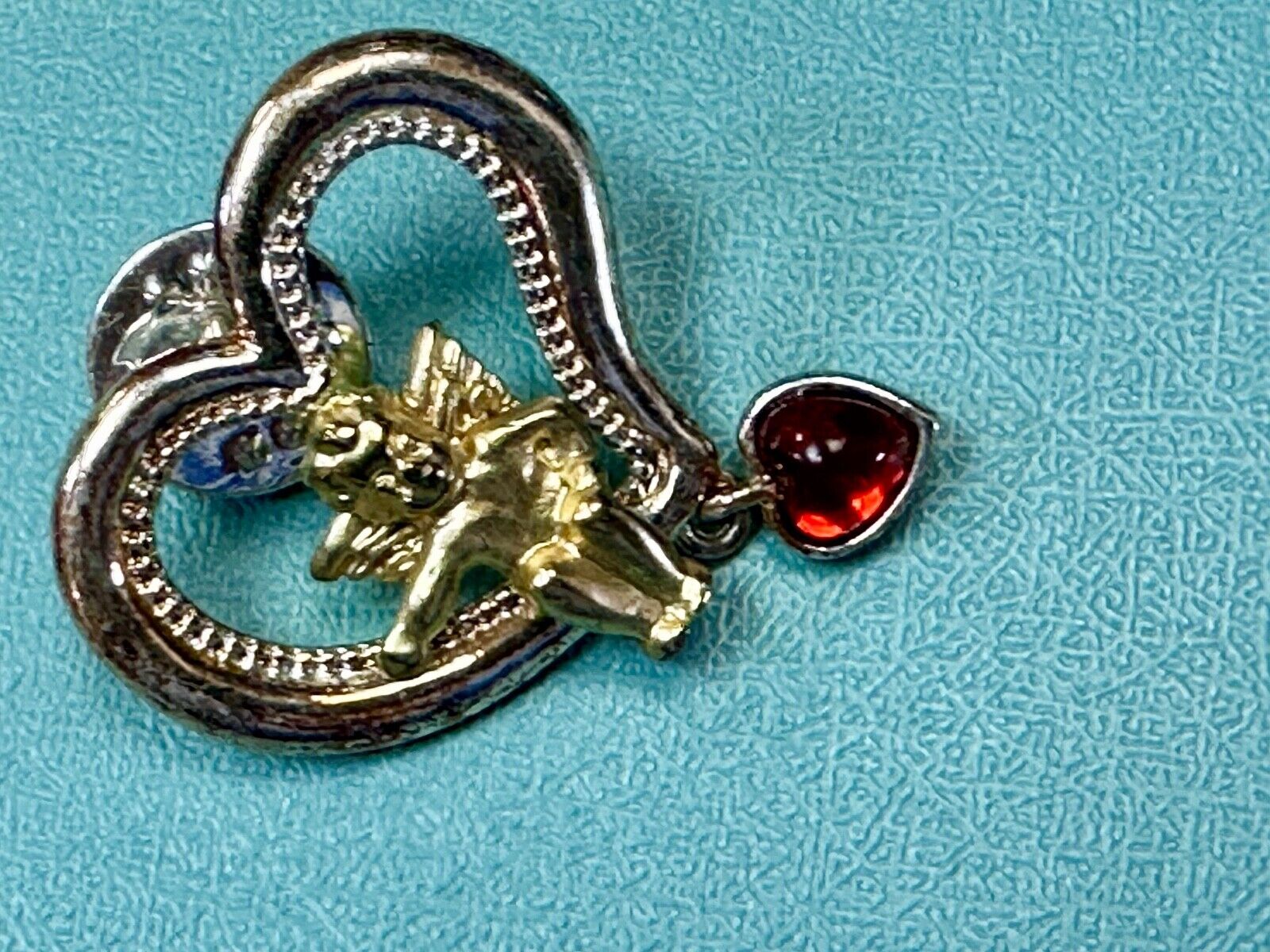 Angle Sitting in Heart Shaped Brooch pin with red heart dangle charm