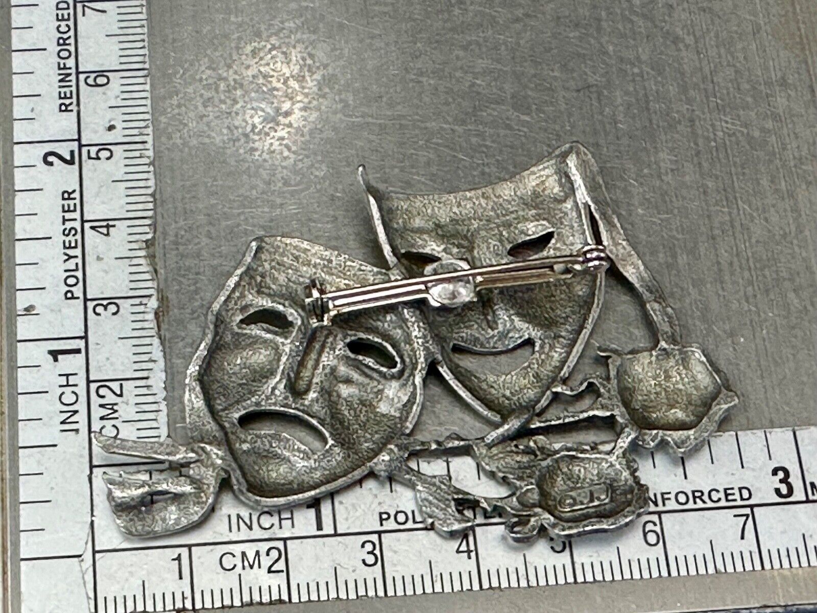 Theater Faces and Roses - Large JJ Signed silver tone vintage brooch pin