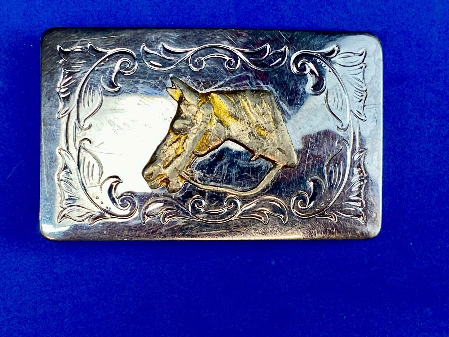 USA made western horse head bust on mixed metal belt buckle 