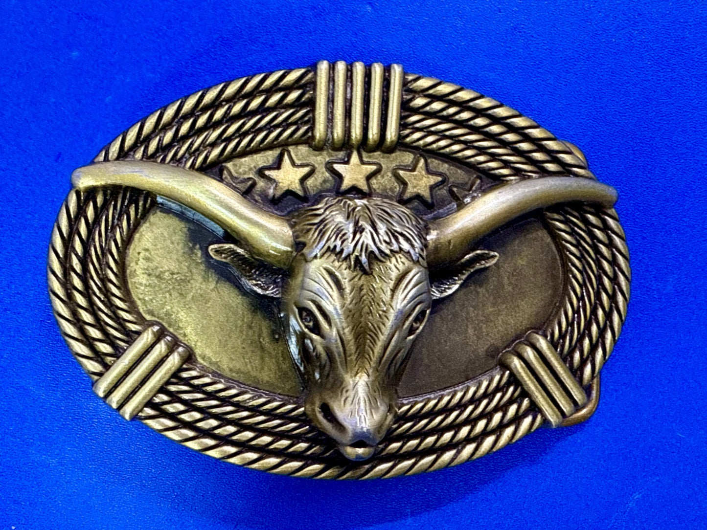 3D Longhorn Bull Head with Stars Rope Border Western Rodeo Cowboy Belt Buckle
