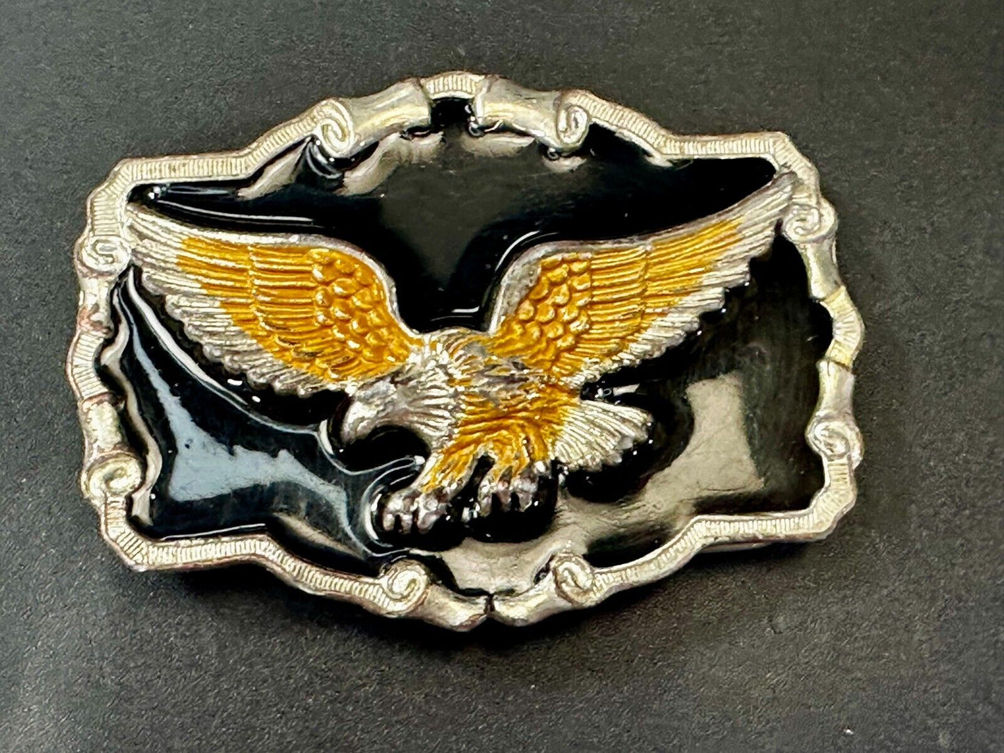 American Flying Bald Eagle Black & Gold Enamel Western Style Belt Buckle