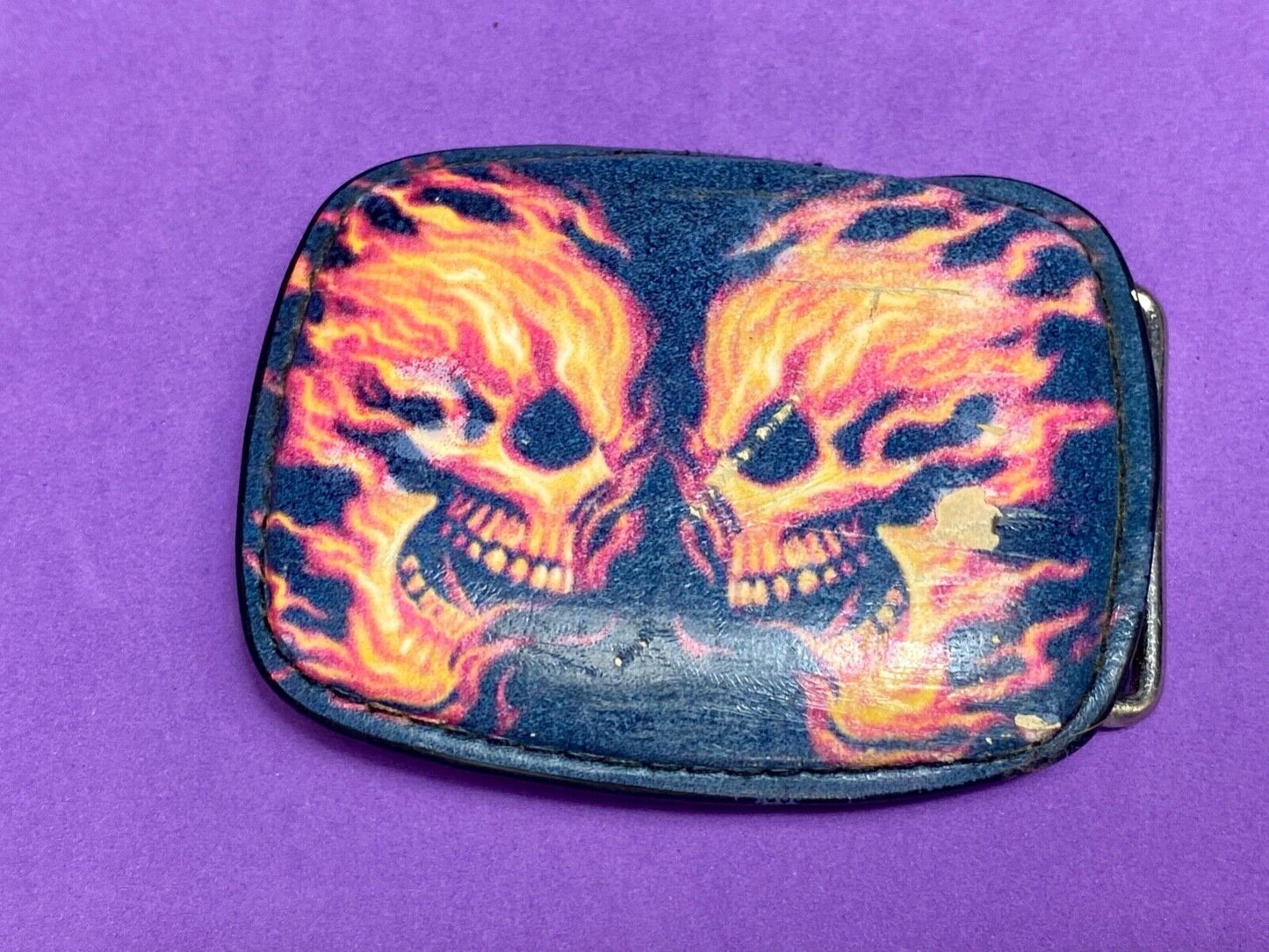 Two Flaming Skulls Heads Facing Each Other Black Belt Buckle