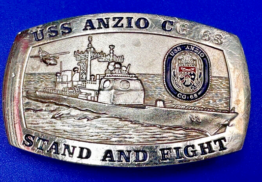 U.S.S. Anzio CG 68 Missile Cruiser Ship Stand and Fight US Navy Vtg. Belt Buckle