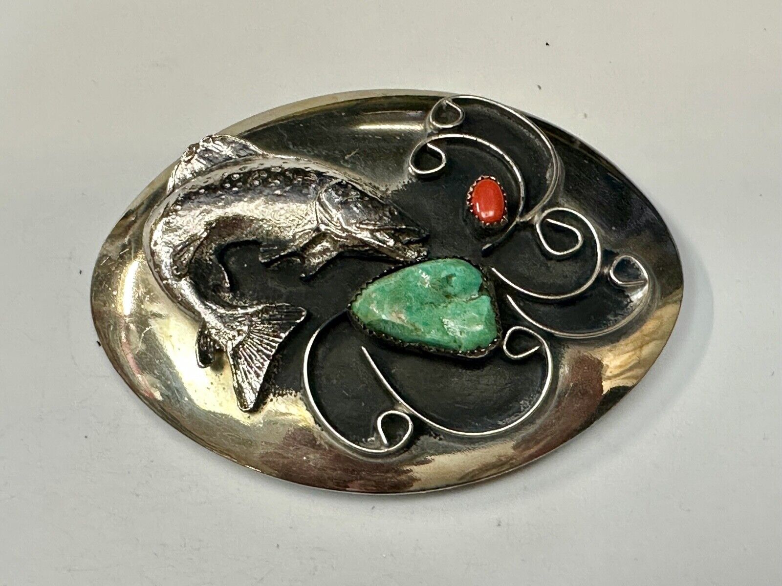 Bass Fish - Turquoise & Coral accented Native American Indian Style Belt Buckle