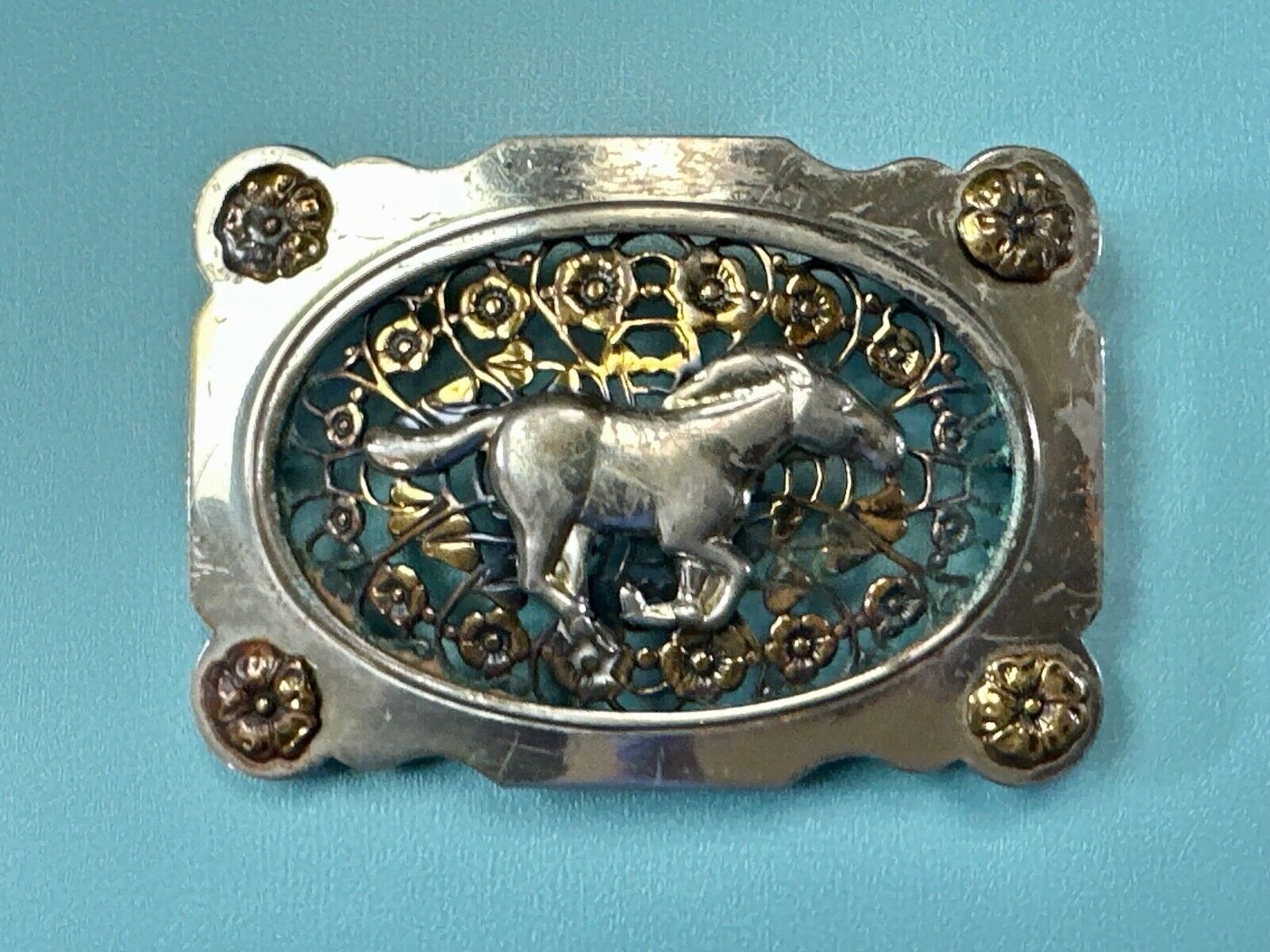Unique Running Horse in ornate cutout see through vintage two tone belt buckle