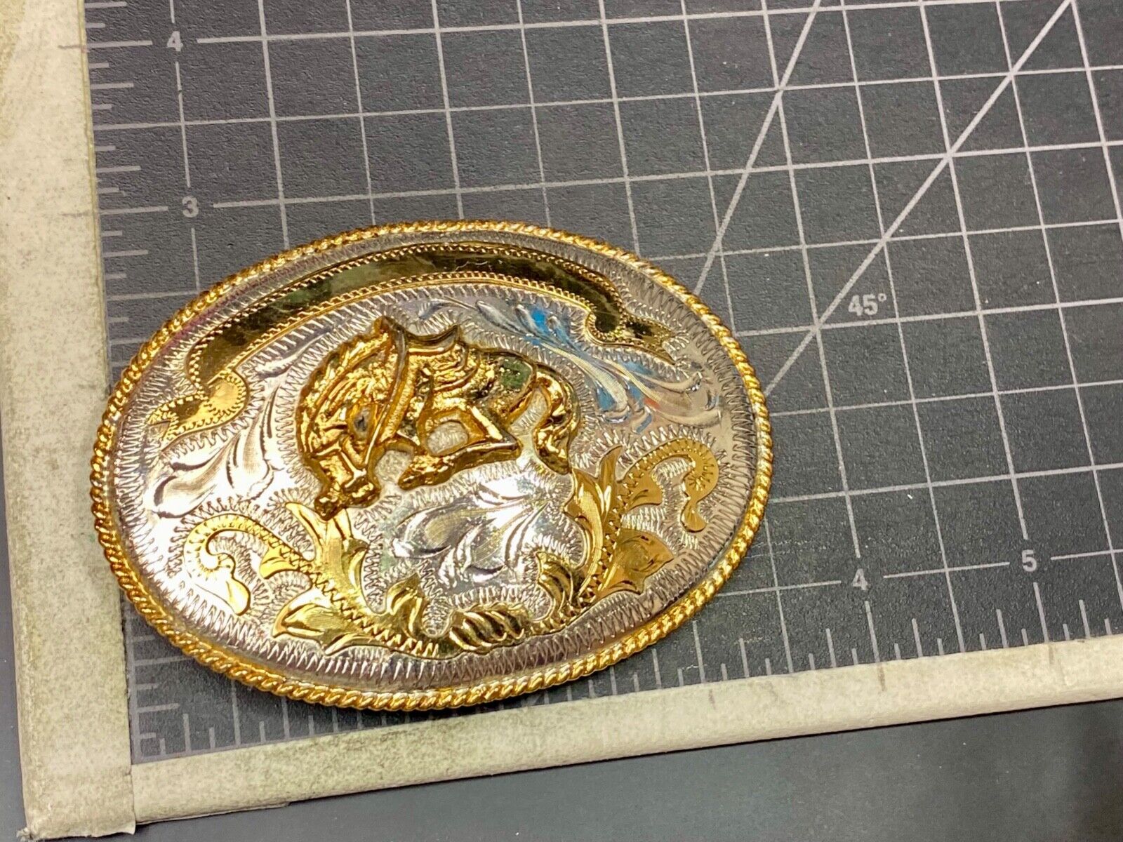 Vintage Horse w/ award ribbon scroll Alpaca Mexico Stamped western belt buckle