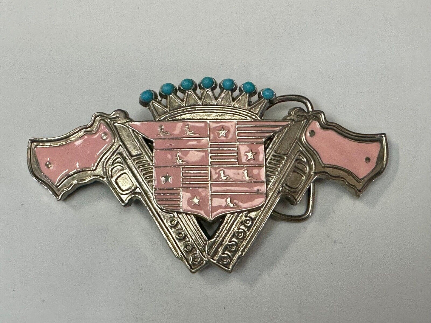 90's Pink Guns Cadillac Crown Blue crown tips LARGE cutout Belt Buckle 187 Inc
