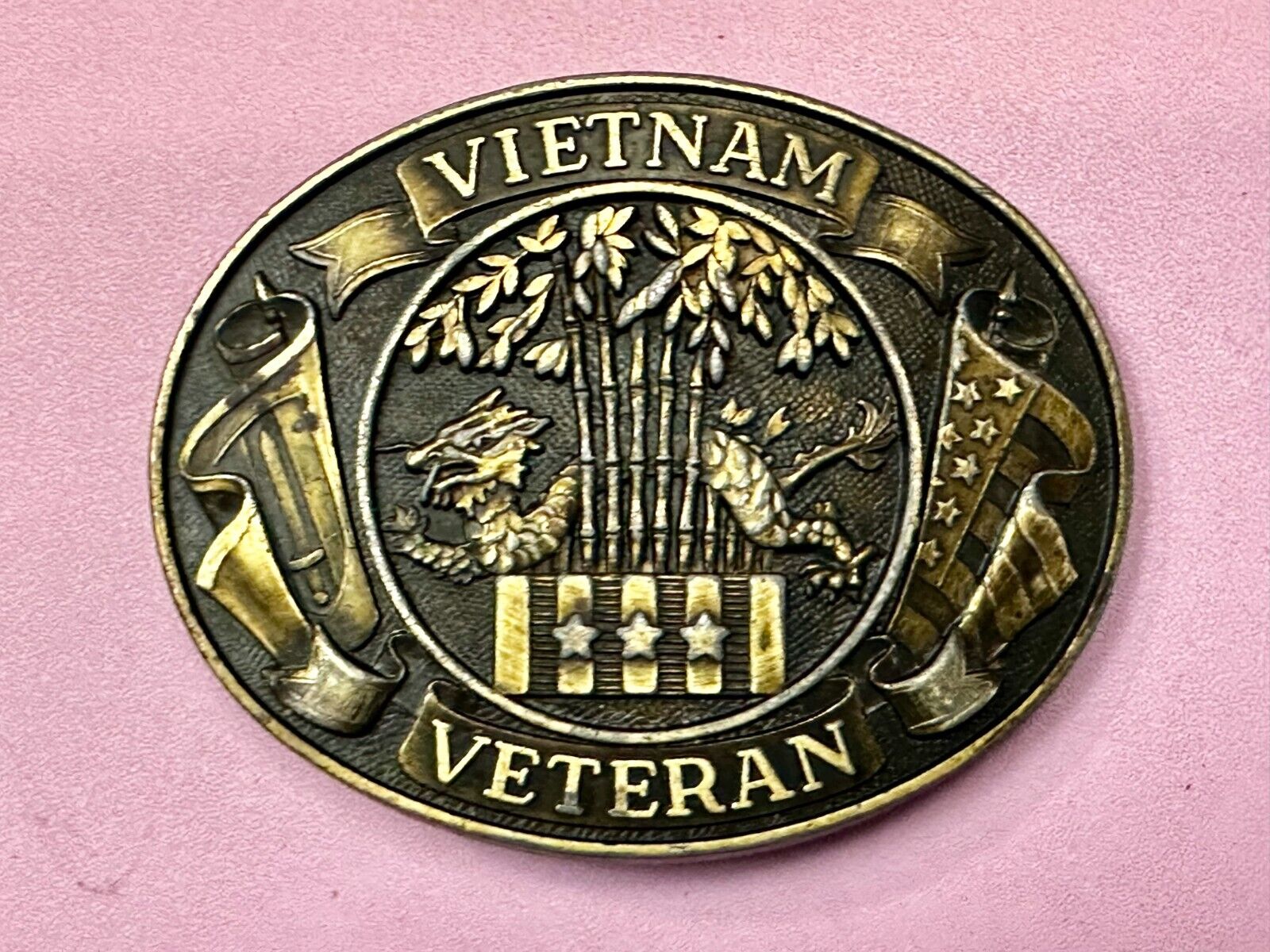 Vietnam Veteran Dragon Bamboo & Flag's Vsm Service Medal Logo Belt Buckle