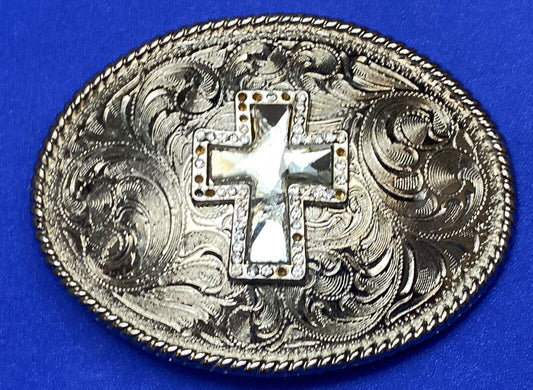 beautiful western cross, engraved flower swirl cowboy cowgirl faith belt buckle