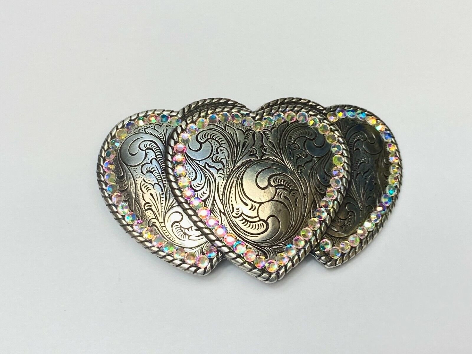 Three Hearts - Ornate Shaped Cowboy Cowgirl Rhinestone Accented Belt Buckle