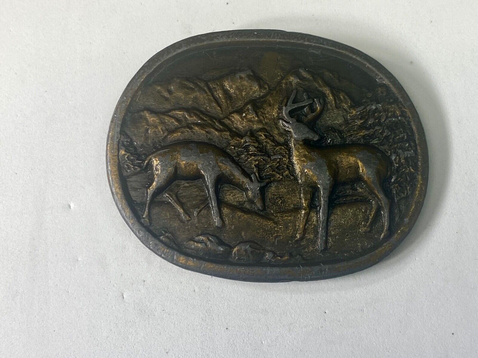 Two Deer Grazing In Nature Vintage Brass Tone Belt Buckle 
