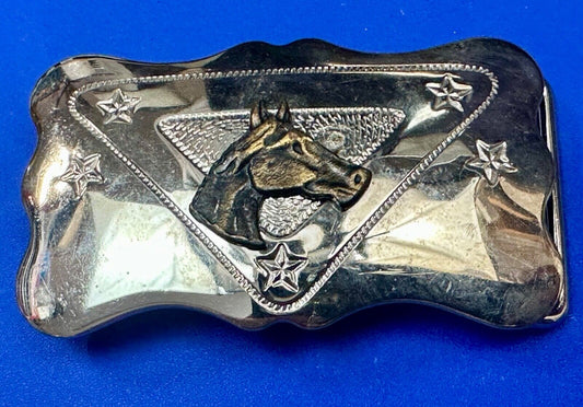 Vintage Chambers Horse head on reflective engraved USA made western Belt Buckle