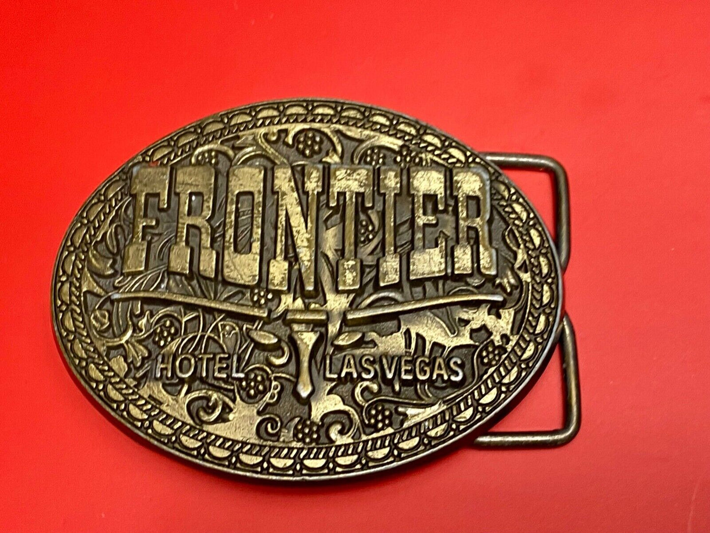 Vintage  Frontier Hotel Old Las Vegas Belt Buckle Casino Nevada Western Longhorn
