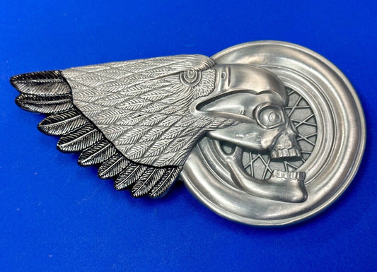 Bikers Skull with Eagle Wing and Motorcycle Wheel figural belt buckle