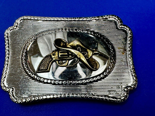 Vintage Cowboy Hat & Revolver Pistol Western Belt Buckle Cap Gun Buckle