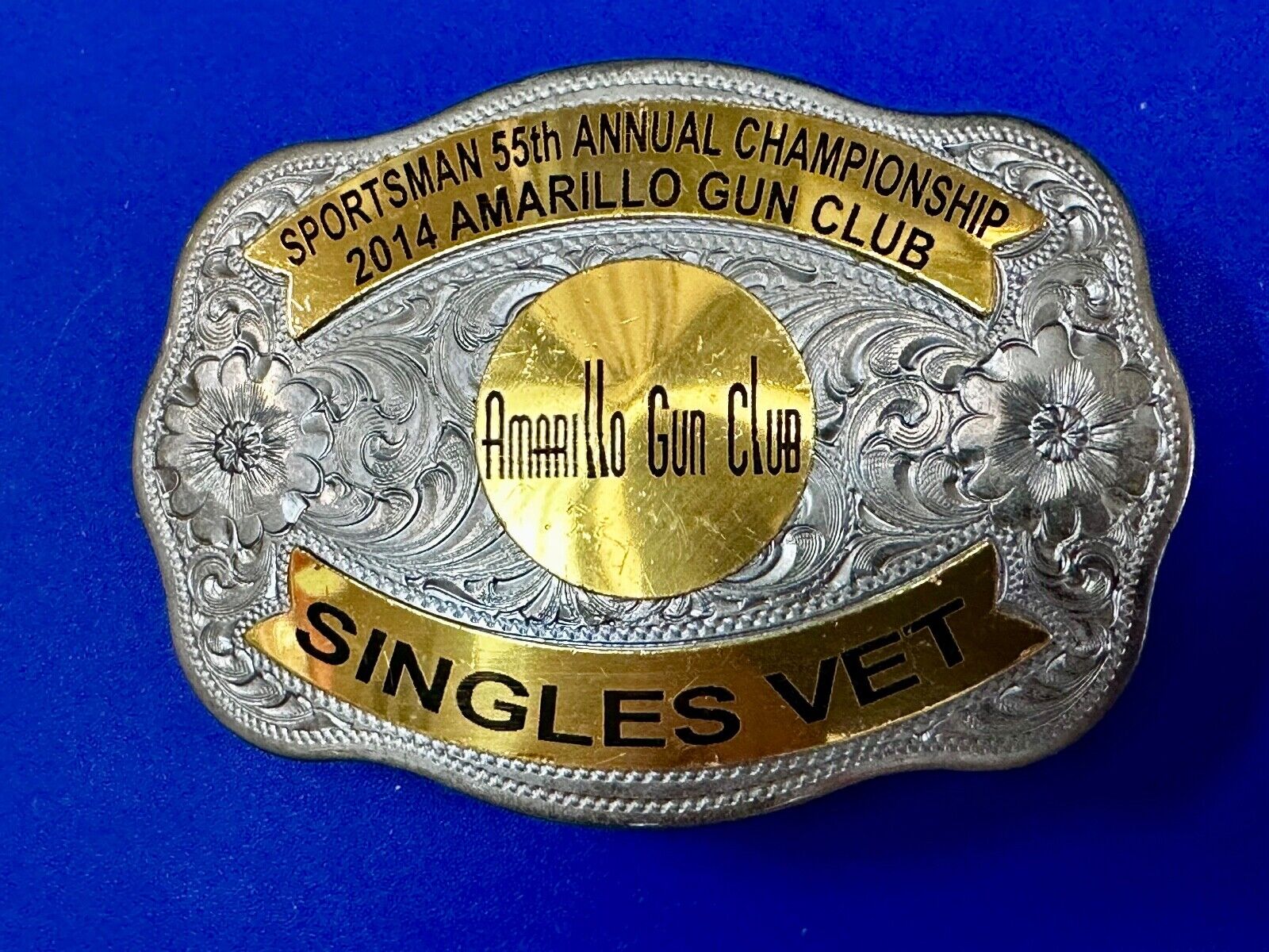 Amarillo Texas Gun Club Singles Vet Trophy Belt Buckle by Tilden