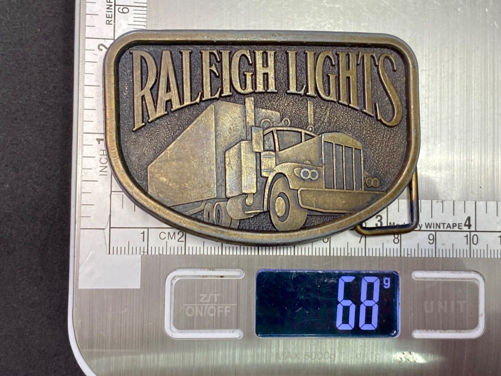 1970S Vintage Raleigh Lights Cigarettes Tobacco Semi Truck Trucker Belt Buckle