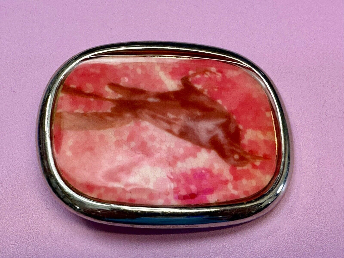 Abstract Dolphin Fish Pink & Red Colored Print on Silver Tone Belt Buckle