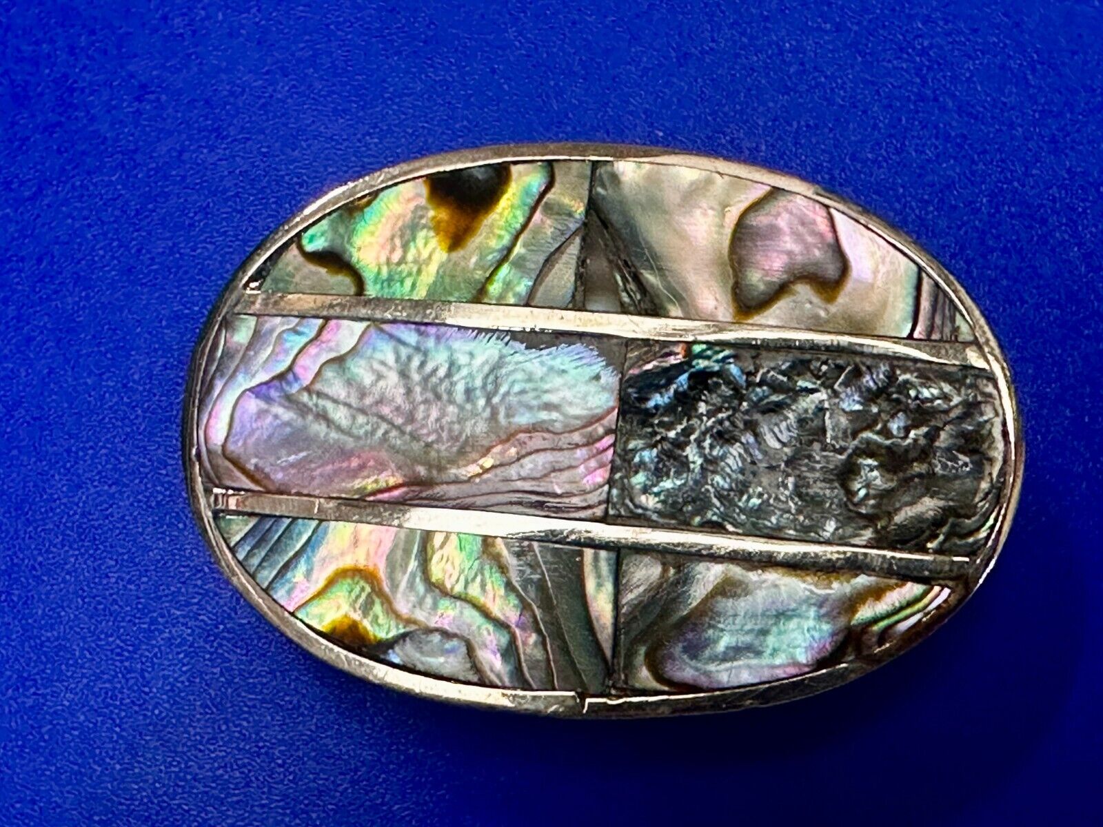 Artisan Natural Abalone Shell Vintage Oval Belt Buckle Marked Mexico